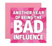 Divertida tarjeta de mala influencia, diseño de fiesta rosa atrevido para amigas, hermanas, compañeras de trabajo, sobrina, hija, mujeres divertidas, mejores amigas, mejores amigas, reinas de