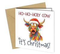 Divertida tarjeta de Navidad - "Ho-Ho-Holy Cow It's Christmas!" - Bonito diseño de vaca de las tierras altas - Tarjeta de felicitación divertida para amigos, familiares y amantes de las vacas - cb018