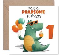 Divertida tarjeta de primer cumpleaños - Bring on the Giggles - dinosaurio alegre con globos y magdalenas diversión - Una forma rugosa de marcar el giro uno - cuadrado de 145 mm, sobre incluido