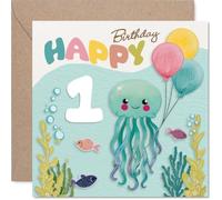 Divertida tarjeta de primer cumpleaños - Make a Splash on Their Big Day - Medusas sonrientes y globos coloridos en una alegre escena subacuática - Cuadrado de 145 mm, sobre incluido