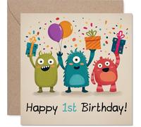 Divertida tarjeta de primer cumpleaños, monstruosamente divertida, monstruos coloridos con globos y regalos, garantizado para despertar risitas de cumpleaños, cuadrado de 145 mm, sobre incluido