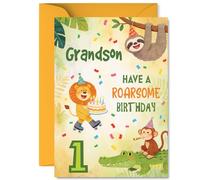 Divertida tarjeta de primer cumpleaños para nieto, Roar into Turning One, animales de fiesta de la selva en patines y sombreros, llena de colores brillantes y alegría de cumpleaños, tamaño A5, sobre