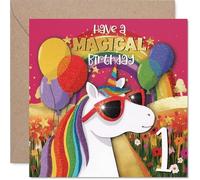 Divertida tarjeta de primer cumpleaños, trae las risas, unicornio, globos y diversión de arco iris, llena de alegría mágica de cumpleaños, cuadrada de 145 mm, sobre incluido