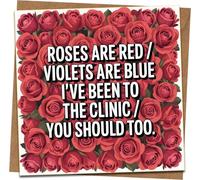 Divertida tarjeta de San Valentín - "Roses Are Red, Violets Are Blue, I've Been to the Clinic, You Should Too" - Tarjeta de felicitación de broma grosera para adultos con sobre kraft, 145 x 145 mm