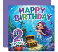 Divertida tarjeta de segundo cumpleaños - Deseos caprichosos de cumpleaños - Sirena y amigos bajo el agua con un cofre del tesoro brillante - cuadrado de 145 mm, sobre incluido