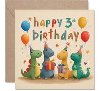 Divertida tarjeta de tercer cumpleaños, rugiendo con emoción, fiesta de dinosaurios coloridos con globos y regalos, diversión festiva para su gran día, cuadrada de 145 mm, sobre incluido