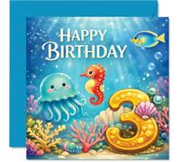Divertida tarjeta de tercer cumpleaños - Splashes of Birthday Fun - alegre escena submarina con adorables criaturas marinas - 145 mm cuadrada, sobre incluido