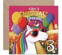 Divertida tarjeta de tercer cumpleaños - Unicornio con gafas de sol trae magia de cumpleaños - Globos coloridos y diversión arcoíris - 145 mm cuadrado, sobre incluido