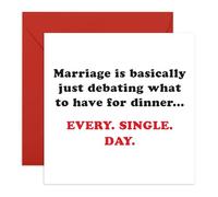 Divertida tarjeta de vida matrimonial - Debate de cena - marido, esposa, novio, novia, pareja, bebé, mamá, papá, él, ella, aniversario, boda, celebración, bromas, viene con calcomanías