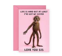 Divertida tarjeta para hermana - Lindo personaje de mono - Apreciación de hermanos para hermana mayor, hermana pequeña, adolescentes, niñas, mujeres, mejores amigas, hermanos - Viene con divertidas