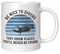 Divertida taza de café de buceo - Be Nice to Divers - Taza de cerámica blanca de 11 onzas - Regalo para buceadores