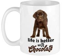 Divertida taza de café Life is Better with Chocolate Lab Labrador Taza de acuarela para amantes de los perros, regalo único de cumpleaños para mamá, papá, novio, novia, 11 onzas