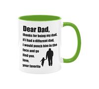 Divertida taza de café novedosa, Dear Dad Thanks For Being My Dad, taza de café para el día del padre, taza de regalo de cumpleaños para el día del padre, taza de café de 325 ml con mango verde y taza