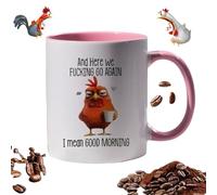 Divertida taza de café sarcástica con texto en inglés "Here We Fcking Go Again, I Mean Good Morning", divertida taza de café sarcástica para mamá, hermana, mejor amiga, compañeros de trabajo (rosa)
