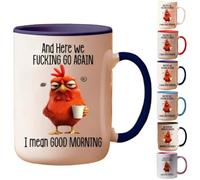 Divertida taza novedosa - Here We F**King Go Again... I Mean Good Morning, taza de café sarcástica divertida de 15 onzas, tazas de pollo para mamá, hermana, mejor amiga, compañeros de trabajo (morado)