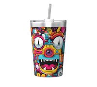 Divertida taza térmica de paja cónica con impresión de cara de gato, taza de paja aislada, perfecta para uso en el gimnasio o para llevar contigo