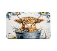 Divertida Vaca De Las Tierras Altas, Acuarela Azul, Hojas De Eucalipto, Lindo Ternero, Animal De Granja Felpudos Secado Rápido Alfombra Lavable Alfombrilla De Baño para Cocina Jardín 40X60Cm