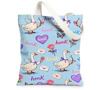 Divertidas bolsas de lona de pato, bolsas de compras reutilizables con estampado de animales, flores de primavera, ligeras, lavables, con correa de hombro, Azul, 13x15 Inch