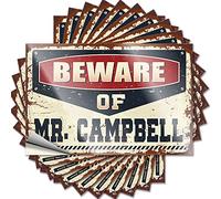 Divertidas calcomanías de coche Beware of Mr. Campbell, 10 unidades, calcomanías divertidas de advertencia para hombre (8 x 12 cm)