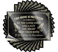Divertidas calcomanías para parachoques, diseño de "Esta casa está protegida por el buen señor y una pistola", 10 calcomanías divertidas para caja de herramientas (12 x 18 cm)