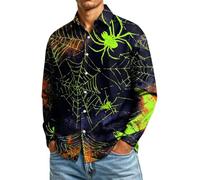Divertidas camisas de Halloween para hombre, con botones, estampado de calabaza, fantasma, manga larga, A02-azul claro, XXL