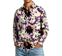 Divertidas camisas de Halloween para hombre, con botones, estampado de calabaza, fantasma, manga larga, A05-azul cielo, XL