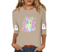 Divertidas camisas de Halloween para mujer, cuello redondo, manga 3/4, estampado de fantasmas, beige, 4XL