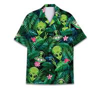 Divertidas camisas hawaianas de caballo para hombres y mujeres, Love Horse Racing Hawaiano verano manga corta casual ajuste relajado abotonadas, Alien, L