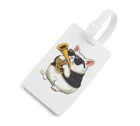 Divertidas etiquetas identificadoras de equipaje con texto en inglés "A Cat Playing French Horn" para bolsa de viaje con etiqueta de identificación para maleta y mochila