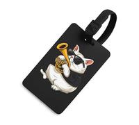 Divertidas etiquetas identificadoras de equipaje con texto en inglés "A Cat Playing French Horn" para bolsa de viaje con etiqueta de identificación para maleta y mochila