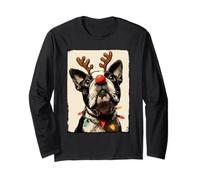 Divertidas Luces Festivas de Perro Boston Terrier de Navidad Manga Larga