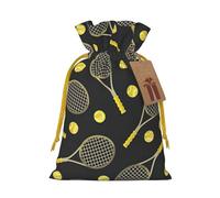 Divertidas raquetas de tenis y pelotas de tenis con cordón, bolsa de regalo de lino para fiestas de Navidad, bolsas de regalo de embalaje de vacaciones.