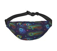 Divertidas riñoneras de plumas de pavo real, ajustable, casual, para senderismo, Black, Talla única, Cinturón de dinero