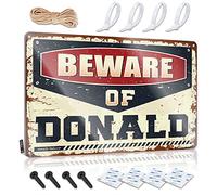 Divertidas señales de advertencia con texto en inglés "Beware Of Donald" con reglas de bar, letrero de metal de estaño divertido para el bar del hogar (20 x 30 cm)
