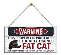 Divertidas señales de advertencia, letrero de gato gordo con texto en inglés "The Property is Protected By Highly Trained", placa decorativa de madera para colgar en la puerta, bonito letrero de
