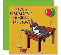 Divertidas tarjetas de cumpleaños de gato para hombres y mujeres - Knock Off Cat - Tarjeta de feliz cumpleaños para mamá, papá, hermana, hermano, hija, tío, tía, abuela, abuelo, mejor amigo, 145 mm x