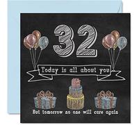 Divertidas tarjetas de cumpleaños número 32 para hombres y mujeres - Pizarra de tiza - Tarjeta de feliz cumpleaños para tía, mamá, papá, hija, hijo, hermana, tío, hermano, primo, 145 mm x 145 mm