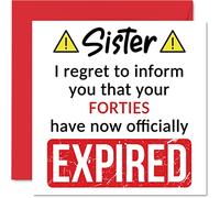 Divertidas tarjetas de cumpleaños número 50 para hermana - Your Forties Have Expired - Tarjeta de feliz cumpleaños para hermana de hermano hermanastro, 145 mm, broma, humor, tarjetas de felicitación