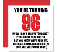 Divertidas tarjetas de cumpleaños número 96 para hombres y mujeres - Comienza a mentir - Divertida tarjeta de cumpleaños para abuelo, abuelo, niñera, abuela, abuela, papá, mamá, 145 mm, tarjetas de