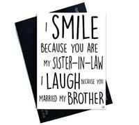 Divertidas tarjetas de cumpleaños para hermana en la ley con texto en inglés "Smile Laugh Married My Brother Christmas Cards" PC403