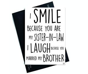 Divertidas tarjetas de cumpleaños para hermana en la ley con texto en inglés "Smile Laugh Married My Brother Christmas Cards" PC403