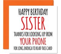 Divertidas tarjetas de cumpleaños para hermana, mira hacia arriba desde tu teléfono, tarjeta de feliz cumpleaños para hermana de hermano, regalos de broma, tarjetas de felicitación para hermanos de