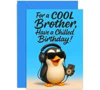 Divertidas tarjetas de cumpleaños para hermano, ten un regalo frío, divertido diseño temático de pingüino para hermano pequeño de hermano, niño o adolescente, interior en blanco con sobre