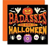 Divertidas tarjetas de cumpleaños para hombres y mujeres - Badass Born on Halloween - Tarjeta de feliz cumpleaños para amigo, hermano, hermana, primo, tía, tío, mamá, papá, hijo, hija, tarjetas de