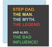 Divertidas tarjetas de cumpleaños para padrastro, leyenda de mito de hombre, mala influencia, tarjeta de feliz cumpleaños para padrastro de hijo e hija, regalos de broma, 145 mm x 145 mm, tarjetas de