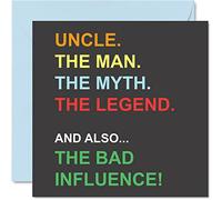Divertidas tarjetas de cumpleaños para tío - Man Myth Legend Bad Influence - Tarjeta de cumpleaños de sobrino sobrino, regalos de cumpleaños de bromas, 145 mm x 145 mm, tarjetas de felicitación del