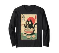 Divertido anime gato comiendo ramen japonés vintage fideos arte Manga Larga
