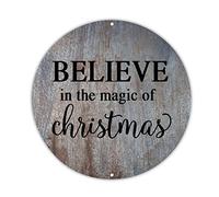 Divertido arte de pared con texto en inglés "Believe in The Magic of Christmas", letreros redondos de metal con texto motivacional, letrero de estaño para pared, granja, garaje, decoración para cocina