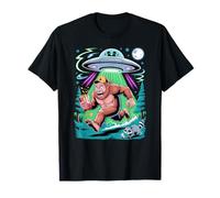 Divertido Bigfoot y Alien Escape Sasquatch Dibujos Animados Camiseta