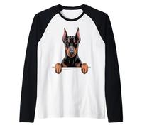 Divertido Cachorro de Doberman Pinscher con Bolsillo Que se asoma Camiseta Manga Raglan